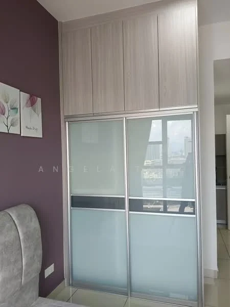 Room features: grey upholstered headboard, sliding glass wardrobe doors, light wood cabinetry, purple accent wall, cream tiled flooring, wall art with floral design, natural light from window, city view visible through glass; style: modern; view: city.