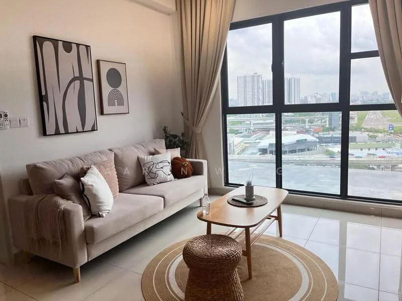 Living features: beige fabric 3-seater sofa, round coffee table, woven rattan side table, decorative wall art, floor-to-ceiling windows, curtains, area rug with circular pattern, potted plant, white painted walls, glossy tile flooring; style: modern; view: city.