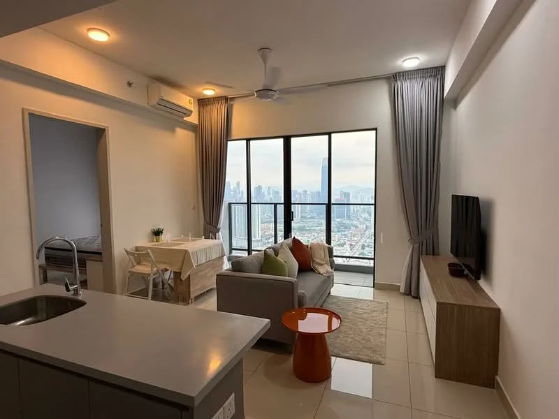 Living features: grey fabric sofa, orange side table, wall-mounted TV, TV console in wood, floor-to-ceiling windows, city skyline view, recessed downlights, ceiling fan, light grey curtains, cream tiled flooring; style: modern; view: city. Kitchen features: stainless-steel sink, chrome pull-down faucet, kitchen island, open layout; style: modern.