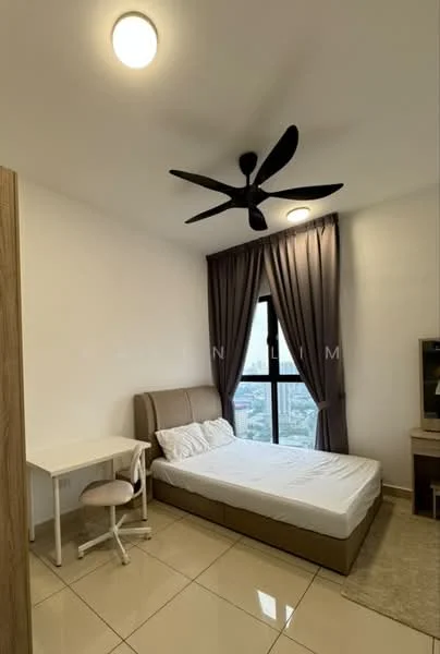 Bedroom features: queen-size bed with upholstered headboard, white bedding, study desk with chair, floor-to-ceiling window, grey curtains, 5-blade ceiling fan, light fixture on ceiling, tile flooring, decorative area rug; style: modern; view: city.