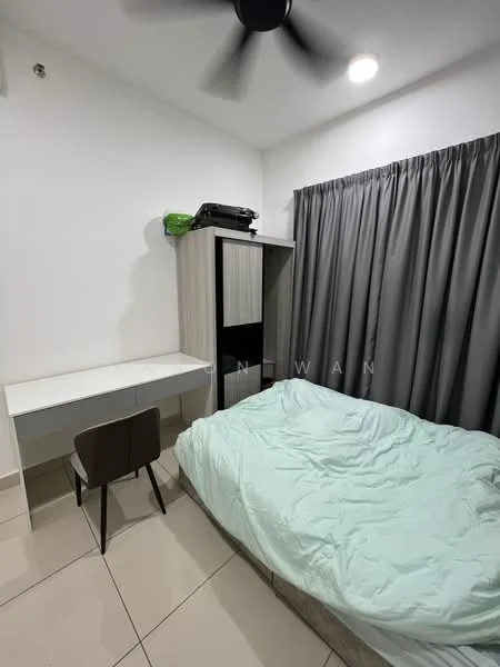 Bedroom features: queen-size bed with light green bedding, study desk with white surface, wooden chair, built-in wardrobe with sliding doors, grey curtains, ceiling fan, tile flooring, white painted walls; style: modern.