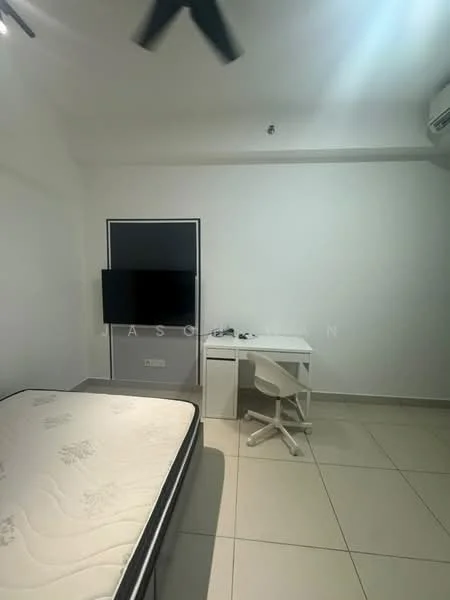Bedroom features: white painted walls, tile flooring, ceiling fan, wall-mounted TV, single bed, study desk, white chair, built-in wardrobe; style: modern.