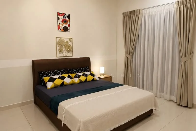 Bedroom features: queen-size bed, upholstered headboard, decorative throw pillows with geometric pattern, bedside lamp, framed artwork on wall, cream painted walls, light-colored curtains, floor-to-ceiling window, tile flooring, area rug, nightstand; style: modern.