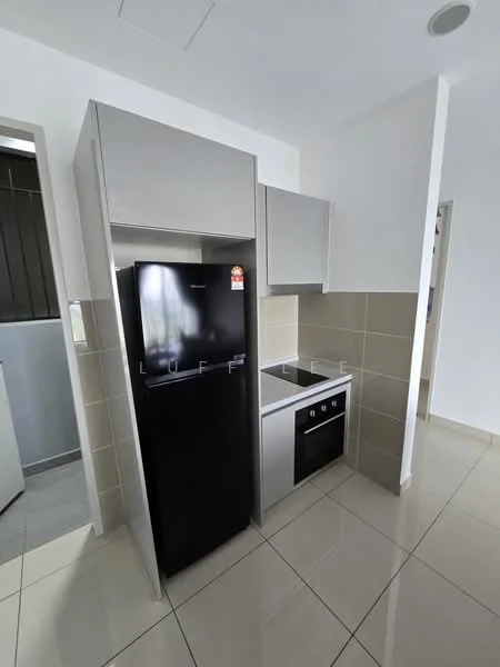 Kitchen features: black fridge, built-in oven, stainless-steel cooktop, grey cabinetry, white tiled backsplash, cream tiled flooring, countertop with overhang, single-bowl stainless-steel sink, wall-mounted cabinets; style: modern.