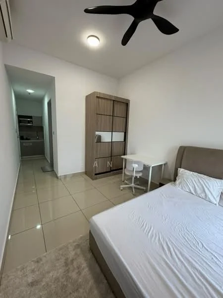 Bedroom features: queen-size bed, upholstered headboard, white bedding, wooden wardrobe with sliding doors, study desk with chair, ceiling fan, tile flooring, neutral wall color, window with natural light; style: modern. Room features: open doorway leading to kitchen area, light fixtures, tile flooring.