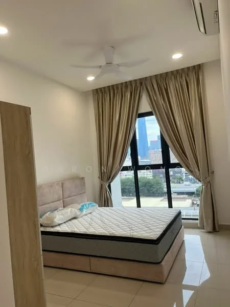 Bedroom features: queen-size bed, upholstered headboard, floor-to-ceiling windows, sheer curtains, 5-blade ceiling fan, white painted walls, glossy tile flooring, decorative wall, city view; style: modern; view: city.