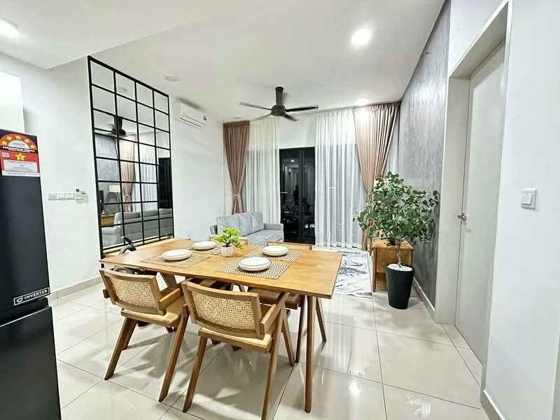 Dining features: wooden dining table, 4 dining chairs with woven seats, pendant light, floor-to-ceiling windows, sheer curtains, grey fabric sofa, decorative houseplant, white walls, tile flooring, air conditioning unit; style: modern.