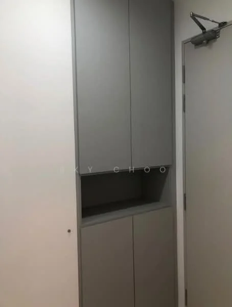 Room features: grey cabinetry, built-in storage, wall-mounted, minimalist design, smooth surface, no visible handles, open shelving, neutral wall color; style: modern.