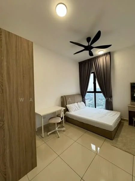 Bedroom features: queen-size bed, upholstered headboard, 2 bedside lamps, study desk with chair, built-in wardrobe, floor-to-ceiling window, grey curtains, 5-blade ceiling fan with light, cream painted walls, glossy tile flooring, area rug; style: modern; view: city.
