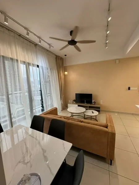 Living features: 3-seater fabric sofa in beige, 2 coffee tables, wall-mounted TV, 5-blade ceiling fan with light, floor-to-ceiling windows, sheer curtains, light-colored painted walls, tile flooring, recessed downlights; style: modern; view: city.