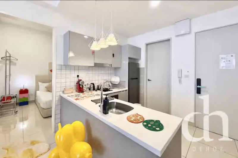 Kitchen features: white cabinetry, grey countertop, single-bowl stainless-steel sink, chrome pull-down faucet, built-in oven, stainless-steel fridge, ceramic tile flooring, white tiled backsplash, 3-blade ceiling fan, pendant lighting, open shelving, kitchen island, decorative items on countertop; style: modern. Room features: bed with white bedding, nightstand, clothing rack, decorative items.