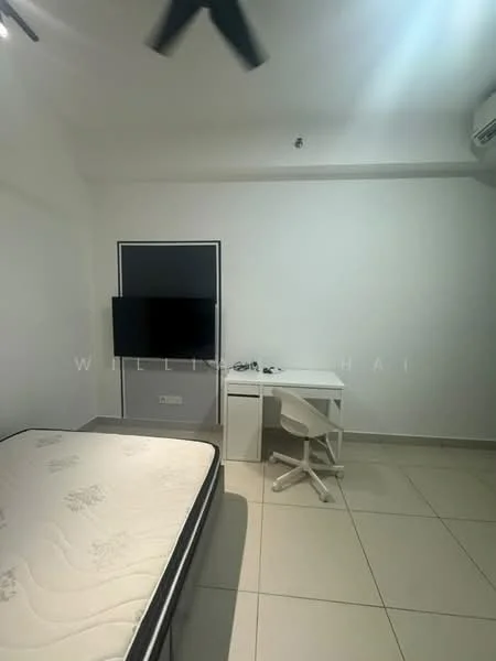 Room features: white painted walls, tile flooring, ceiling fan, wall-mounted TV, desk with chair, unmade bed with mattress, air conditioning unit; style: modern.