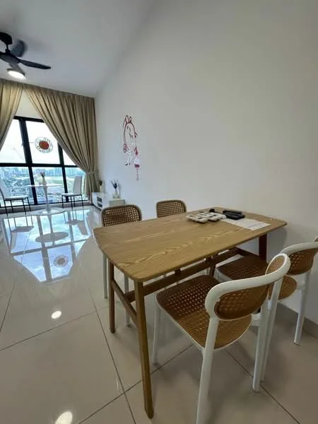 Dining features: wood dining table, 4 dining chairs with woven seats, large floor-to-ceiling windows, white walls, glossy tile flooring, curtains, decorative wall art, city view; style: modern; view: city.