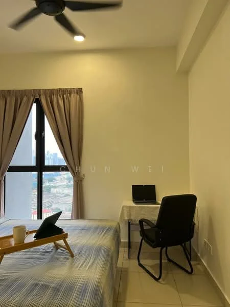 Bedroom features: two single beds with blue striped bedding, floor-to-ceiling window, curtains in light beige, ceiling fan, study desk with chair, laptop on desk, small side table, tile flooring, white painted walls, decorative wall art; style: modern; view: city.