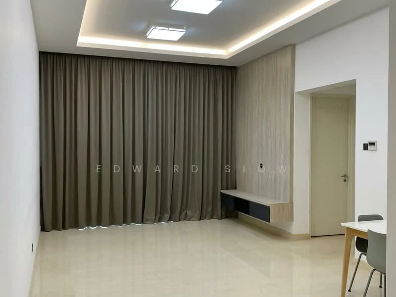 Living features: cream painted walls, marble flooring, recessed ceiling lights, dropped ceiling with LED strip lighting, floor-to-ceiling curtains in taupe, built-in wall shelf, neutral color palette, open layout; style: modern.
