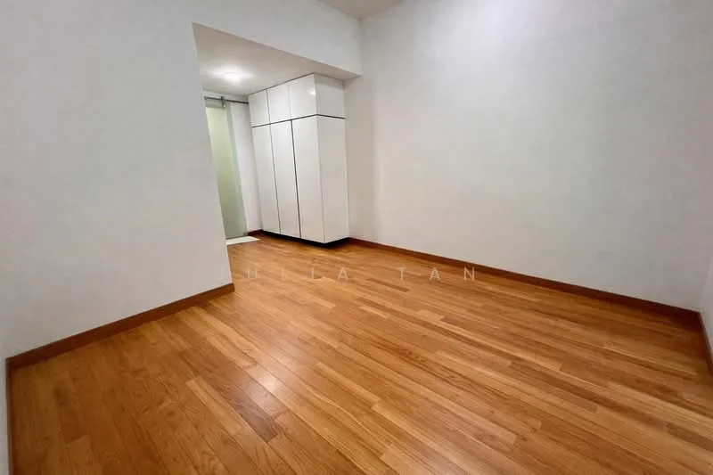 Room features: light wood flooring, white painted walls, built-in wardrobe, recessed lighting, open layout, no visible furniture; style: modern.