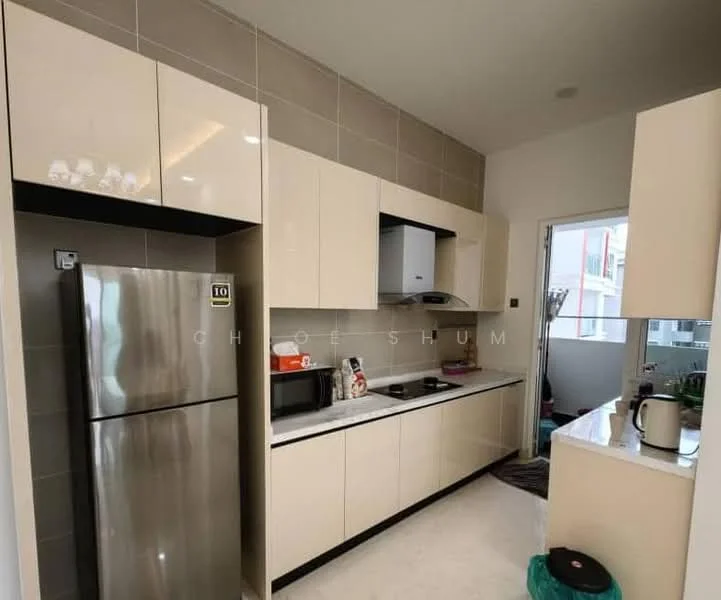 Kitchen features: cream glossy cabinetry, white marble countertop, stainless-steel fridge, built-in oven, stainless-steel range hood, ceramic tile backsplash, single-bowl stainless-steel sink, chrome pull-down faucet, microwave, kettle, wall-mounted cabinets, open shelving, window with natural light; style: modern.