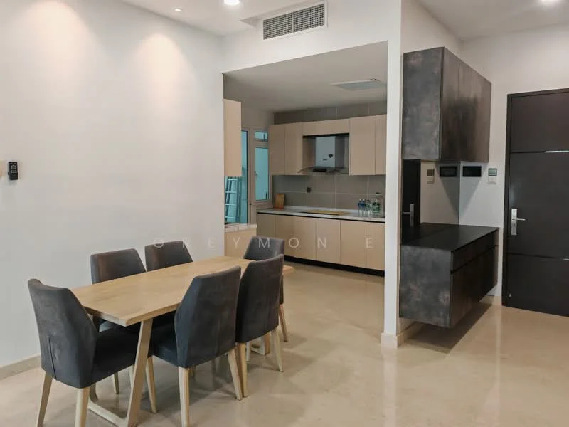 Dining features: 6-seater dining table, upholstered dining chairs in grey, white walls, recessed downlights, cream tiled flooring, open layout to kitchen, kitchen cabinetry with dark finish, kitchen countertop with dark finish, built-in appliances visible in kitchen, large window providing natural light; style: modern. Kitchen features: kitchen cabinetry with dark finish, kitchen countertop with dark finish, built-in oven, built-in microwave, stainless-steel sink, chrome pull-down faucet, white tiled backsplash, open layout to dining area; style: modern.