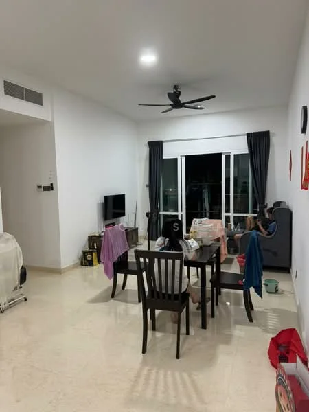 Living features: cream painted walls, marble flooring, 5-blade ceiling fan, floor-to-ceiling windows, blackout curtains, TV console, wall-mounted TV, dining table with 4 chairs, sofa, decorative wall art, area rug; style: modern.