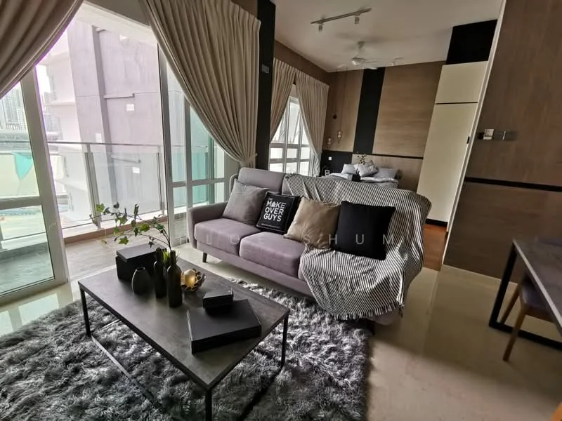 Living features: 3-seater fabric sofa in grey, coffee table, area rug with geometric pattern, floor-to-ceiling windows, curtains, ceiling fan, decorative plants, wall-mounted TV, wooden flooring, accent wall with wood paneling; style: modern; view: city.