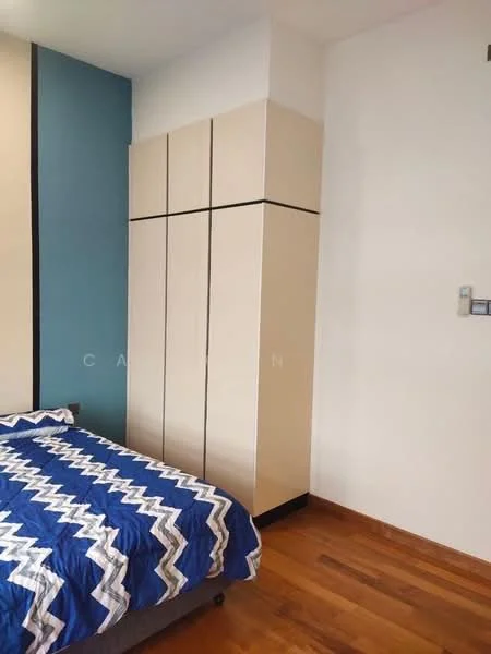 Bedroom features: queen-size bed with blue and white chevron patterned bedding, built-in wardrobe with cream-colored doors and black trim, wooden flooring, painted accent wall in teal, white painted walls, wall-mounted light switch; style: modern.