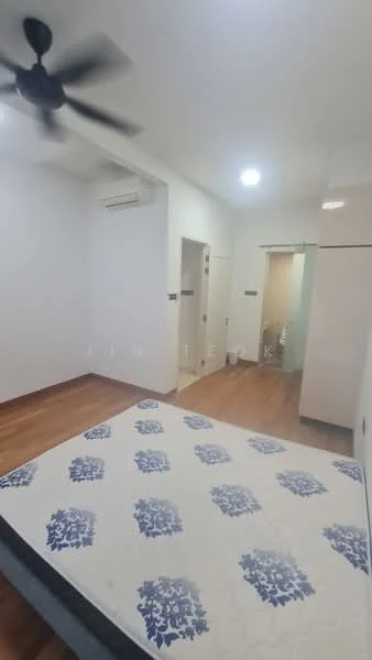 Bedroom features: wooden flooring, white painted walls, 5-blade ceiling fan, wall-mounted split AC, single bed mattress, built-in wardrobe, doorway to bathroom, recessed lighting.