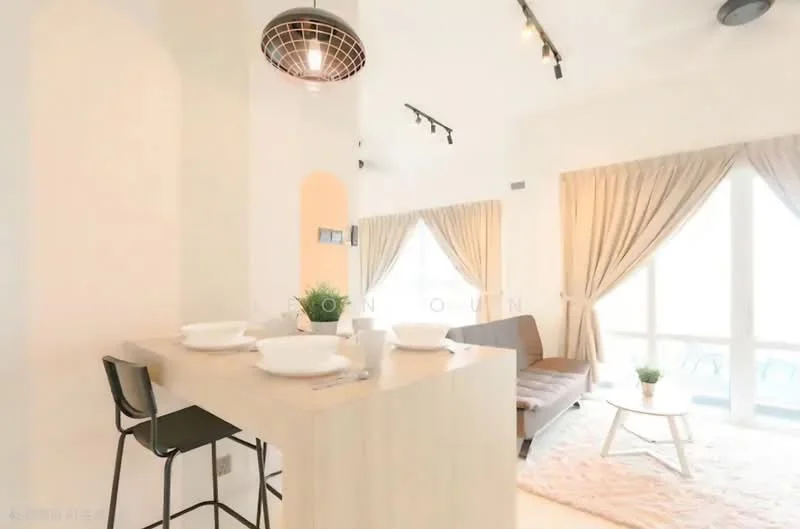 Dining features: light wood dining table, black metal bar stools, pendant light fixture, white walls, large windows with sheer curtains, beige area rug, sofa in grey fabric, decorative wall with cut-out, track lighting, neutral color palette; style: modern.