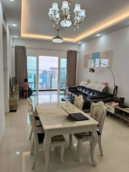 Living features: sofa in black leather, coffee table, TV console, wall-mounted TV, area rug, floor-to-ceiling windows, curtains, chandelier with multiple bulbs, recessed downlights, cream painted walls, polished marble flooring, decorative wall art; style: modern; view: city. Dining features: 6-seater dining table in white, upholstered dining chairs, decorative centerpiece, light fixture above table; style: modern.