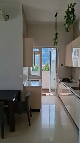 Kitchen features: white cabinetry, marble countertop, stainless-steel sink, chrome pull-down faucet, built-in oven, freestanding range oven, refrigerator, pendant lighting, floor-to-ceiling windows, sliding glass door, dining table for four, greenery view; style: modern; view: city.