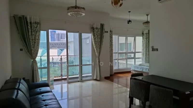 Living features: 3-seater leather sofa in black, coffee table, dining table for 4, floor-to-ceiling windows, sheer curtains, recessed downlights, marble flooring, balcony access, decorative wall mirror; style: modern; view: city. Room features: wooden flooring, bed visible in background, curtains.