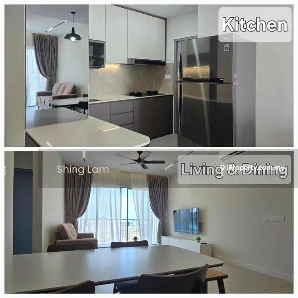 Kitchen features: white cabinetry, grey lower cabinets, stainless-steel fridge, built-in oven, 4-burner gas hob, grey stone backsplash, white countertop, pendant light, single-bowl stainless-steel sink, chrome pull-down faucet; style: modern. Living features: 3-seater fabric sofa in beige, coffee table, wall-mounted TV, area rug, ceiling fan, floor-to-ceiling windows with sheer curtains, dining table with chairs; style: modern; view: city. Dining features: 6-seater dining table, upholstered dining chairs; style: modern; view: city.
