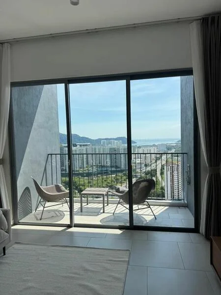 Room features: floor-to-ceiling windows, sliding glass door, balcony with railing, city skyline view, mountain view, grey walls, light-colored flooring, curtains, two outdoor chairs, small outdoor table; style: modern; view: city.