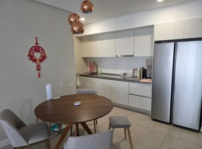 Kitchen features: light wood cabinetry, stainless-steel fridge, built-in oven, countertop with grey surface, single-bowl stainless-steel sink, chrome pull-down faucet, ceramic tile flooring, pendant lighting, round dining table, upholstered dining chairs, decorative wall hanging; style: modern.