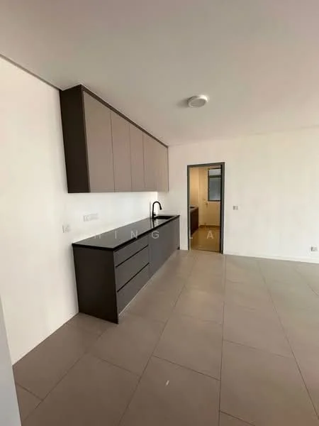 Kitchen features: grey cabinetry, black single-bowl stainless-steel sink, black gooseneck faucet, white walls, tile flooring, recessed ceiling lights, open layout, countertop with no visible appliances; style: modern.