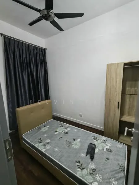 Bedroom features: single bed, upholstered headboard, bedding with floral pattern, dark wood flooring, white painted walls, black ceiling fan, floor-to-ceiling curtains in dark grey, wooden wardrobe with glass door; style: modern.