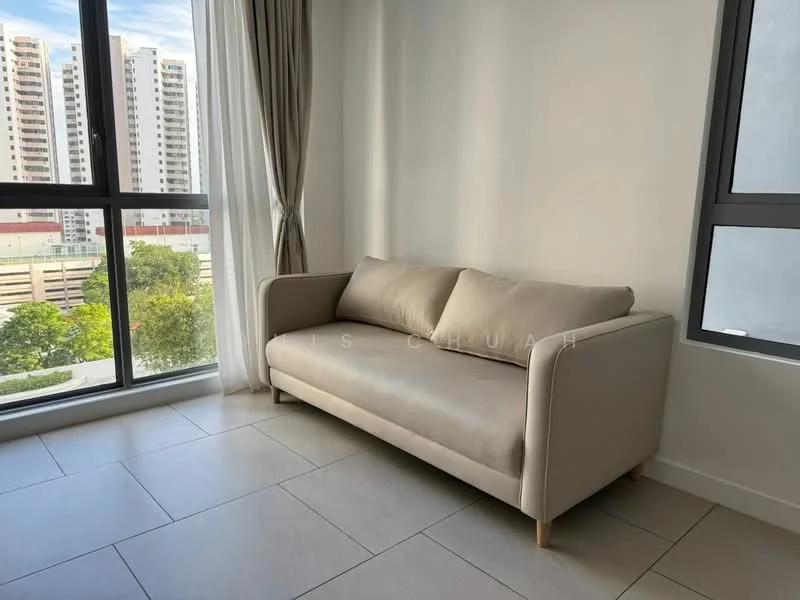 Living features: light grey fabric 2-seater sofa, floor-to-ceiling windows, curtains, neutral wall colour, tile flooring, city view, natural light, minimalist decor; style: modern; view: city.