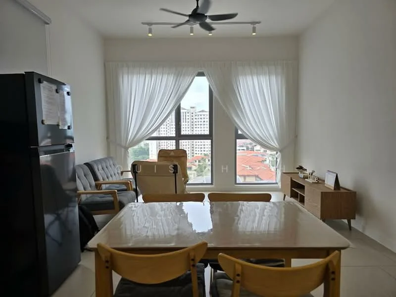Living features: floor-to-ceiling windows, sheer curtains, 3-seater fabric sofa in grey, 2 wooden armchairs, wooden dining table, 4 wooden dining chairs, light-colored tiled flooring, ceiling fan with light, decorative wooden console, city view; style: modern; view: city.
