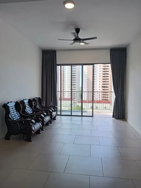 Living features: floor-to-ceiling sliding glass door, grey curtains, 5-blade ceiling fan with light, white painted walls, large ceramic tile flooring, black wooden chairs, balcony view, open layout; style: modern; view: city.