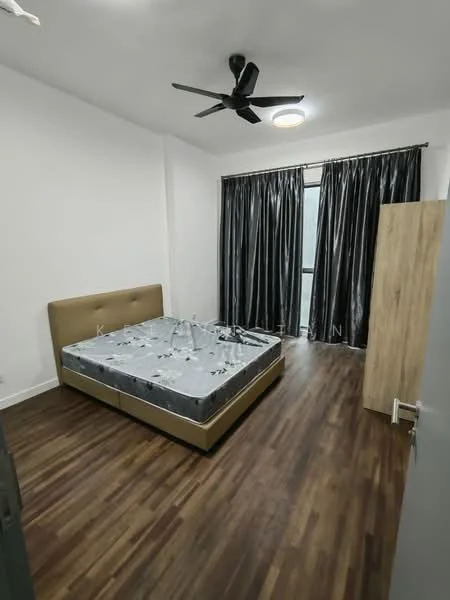 Bedroom features: queen-size bed, upholstered headboard, blackout curtains, 5-blade ceiling fan, laminate flooring, white painted walls, floor-to-ceiling windows, wooden wardrobe; style: modern.