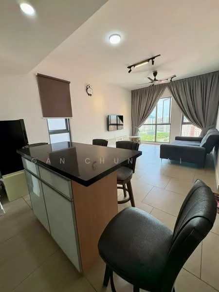 Living features: black granite countertop, bar stools, light-colored cabinetry, cream tiled flooring, floor-to-ceiling windows, curtains, ceiling fan with light, wall-mounted TV, sofa, decorative wall clock; style: modern; view: city.