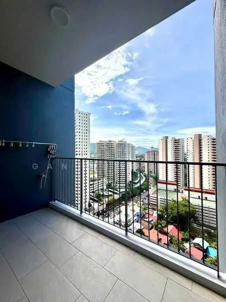 Room features: balcony, city view, glass railing, grey wall, tile flooring, outdoor space, clothes drying rack, high-rise buildings in view, clear blue sky; style: modern; view: city.