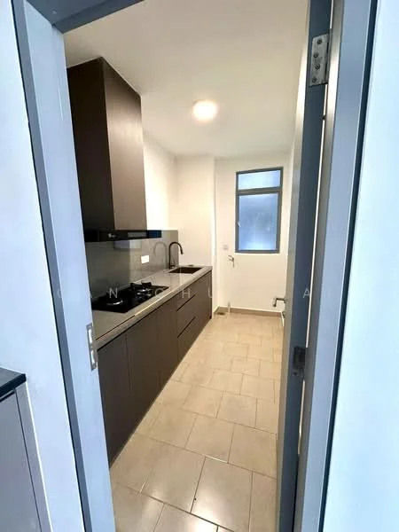 Kitchen features: dark wood cabinetry, black countertop, stainless-steel sink, chrome pull-down faucet, built-in gas hob, built-in oven, tile flooring, white painted walls, window with natural light, recessed ceiling lights; style: modern.