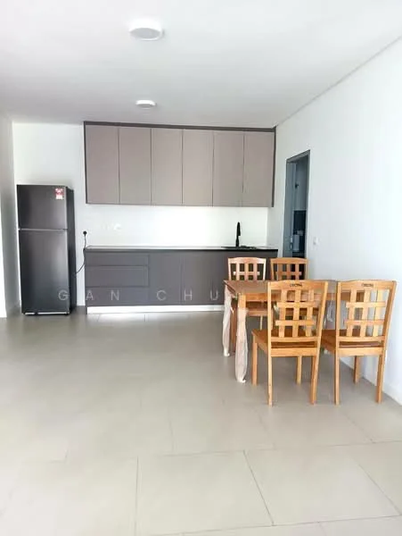 Kitchen features: grey cabinetry, stainless-steel fridge, white countertop, tile flooring, dining table with four wooden chairs, single-bowl stainless-steel sink, chrome pull-down faucet, wall-mounted light fixtures, open layout, neutral wall color; style: modern.