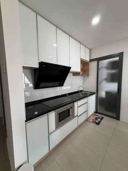 Kitchen features: white glossy cabinetry, black granite countertop, built-in microwave, stainless-steel sink, chrome pull-down faucet, black glass range hood, ceramic tile flooring, recessed downlights, sliding glass door, open shelving, tile backsplash; style: modern.