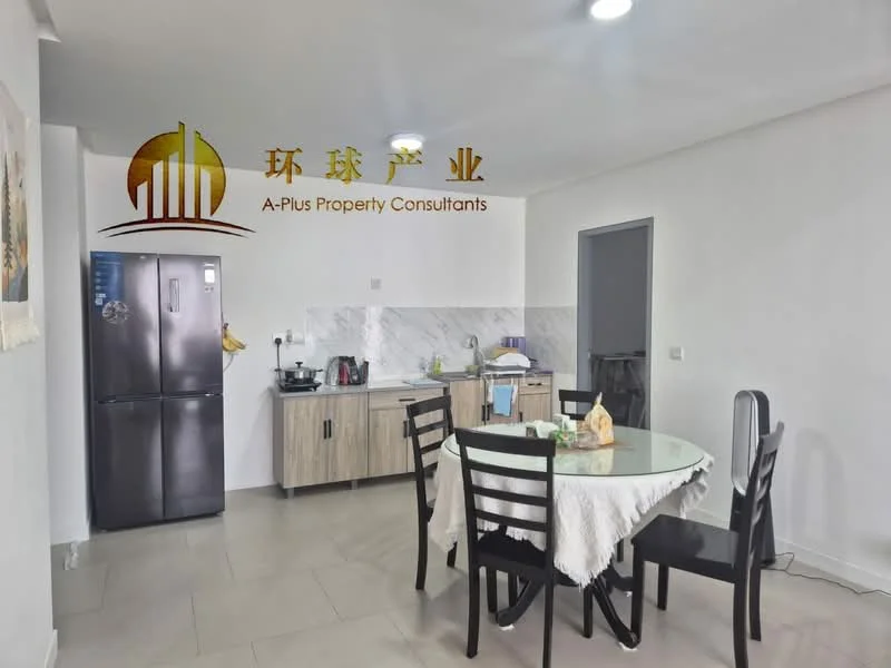 Kitchen features: grey cabinetry, white countertop, stainless-steel fridge, built-in stove, kitchen sink, wall-mounted shelves, tile backsplash, dining table with four chairs, floor tiles, recessed ceiling lights; style: modern.