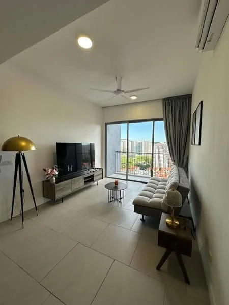 Living features: floor-to-ceiling windows, sliding glass door, 3-seater fabric sofa in light color, coffee table, TV console, wall-mounted TV, ceiling fan, recessed downlights, decorative lamp, curtains, tile flooring, decorative wall art; style: modern; view: city.