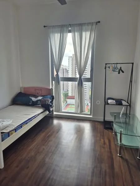 Bedroom features: single bed frame, mattress, wooden flooring, floor-to-ceiling window, sheer curtains, glass side table, clothes rack, white painted walls, ceiling fan; style: modern; view: city.