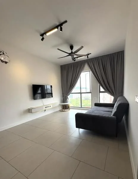 Living features: grey fabric sofa, wall-mounted TV, white TV console, 5-blade ceiling fan with light, recessed LED downlights, floor-to-ceiling windows, sheer curtains, tile flooring, decorative wall clock, area rug; style: modern; view: city.