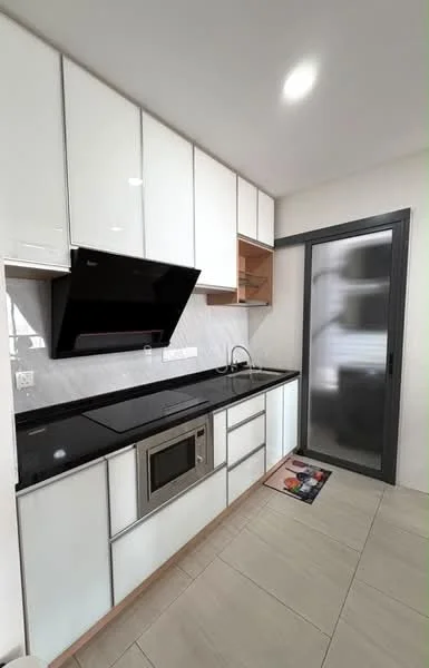 Kitchen features: white glossy cabinetry, black granite countertop, stainless-steel sink, chrome pull-down faucet, built-in microwave, freestanding range oven, glass splashback, tile flooring, under-cabinet lighting, open shelving, grey accent wall, sliding glass door; style: modern.