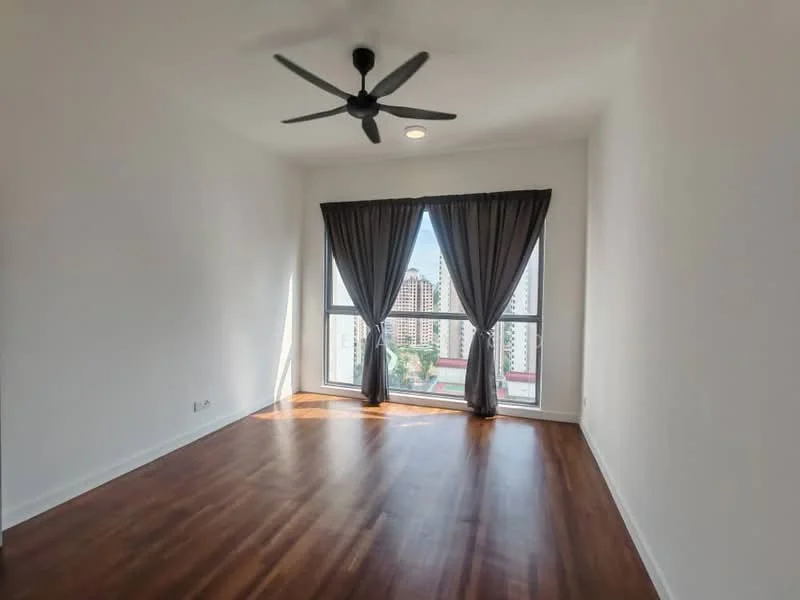 Bedroom features: wooden flooring, white painted walls, 5-blade ceiling fan with light, floor-to-ceiling windows, grey curtains, city view; style: modern; view: city.